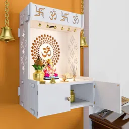 homscape Om Chakra White Mdf Wood Temples With Inbuilt Focus Light Spacious Shelf image 3