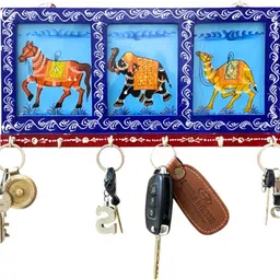 Decorwa Handicrafts Royal Blue Handpainted 6 Hooks Wall Key Holder 12 x 6 inch Wood Key Holder-picture-26