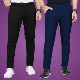 gibbonte Pack of 2 Men Regular Fit Black, Blue Cotton Blend Trousers-picture-29