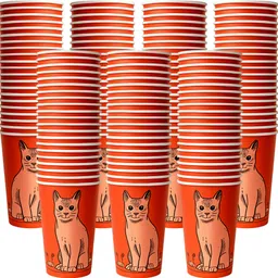 ucorps Pack of 100 Paper Cat Design Disposable Use & Throw Cups for Tea, Coffee, Juice, Water image 1