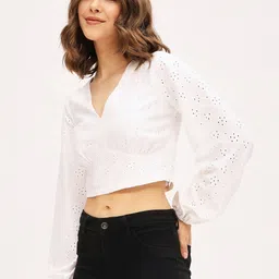 harpa Casual Regular Sleeves Solid, Self Design Women White Top image 3