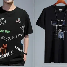 stylesmyth Pack of 2 Men Graphic Print Round Neck Polyester Multicolor T-Shirt-picture-23