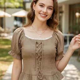 quintessentials Casual Puff Sleeves Self Design Women Brown Top-picture-15