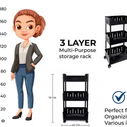 vm bond Multi-Purpose Plastic Storage Organizer 3-Tier Rack with Wheel Bathroom & Office Plastic Kitchen Trolley image 2