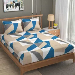yaakholic Blue Geometric 240 TC Cotton Blend Fitted King Sized Bedsheet With 2 Pillow Covers image 1