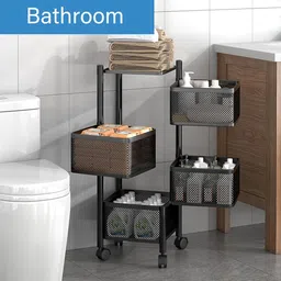 kuber industries Pack of 2 Revolving 4-Layer Multipurpose Storage Rack with Wheels | Black Iron Kitchen Trolley image 3