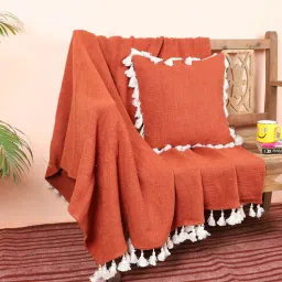 Orange Solid Cotton 62x66 Inches Sofa Throw with Cushion Cover-image-40