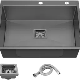 24" X 18" X 10" Tap hole Handmade Kitchen Sink Single Bowl Black Stainless Steel Matt Finish F_162 Vessel Sink-image-73