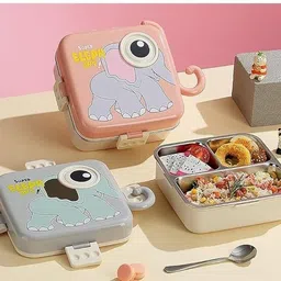 nabhya Elephant Design 3 Compartment, Stainless Steel, Lunch Box for Kids 2 Containers Lunch Box image 1
