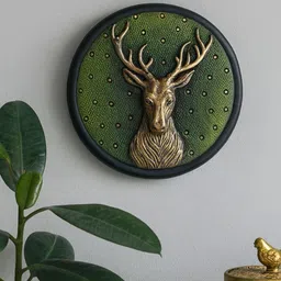 casacraft from pepperfry Ashnam Deer Head Decorative Wall Art - Green & Golden, 26.7cm image 1