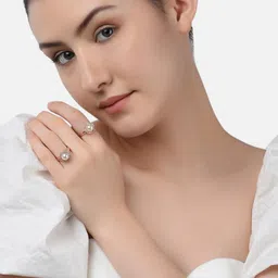 Zaveri Pearls Set Of 2 Rose Gold-Plated White CZ-Studded & Beaded Adjustable Finger Rings image 3