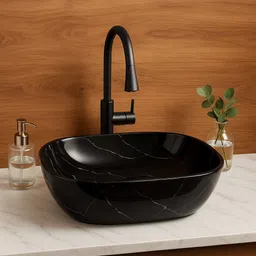 hisre Modern Rectangular Countertop Sink(45 x 33 x 13 cm) Table Top Wash Basin Black Marble Look Ceramic Sink for Bathroom Kitchen Over Counter Basin image 2