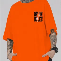 tb blue Men Printed, Typography Round Neck Pure Cotton Orange T-Shirt image 2