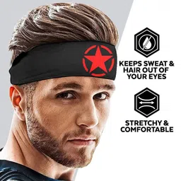 isee 360 Star Logo Headband Men Wicking Sweatbands Yoga Running Workout Gym/Cricket Tennis Other Sports (Black,Red) image 3