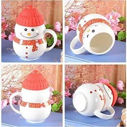 creative ceramic Ceramic Snow Man With Silicon Lid Cover(1 Piece) For Kids 350 ml (Red) Ceramic Coffee Ceramic Coffee Mug image 2