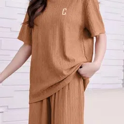 lugo Women Night Suit Set Brown Solid image 4