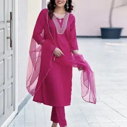 stylocollection Women’s pinkCotton Kurti Pant Dupatta Set Embroidered Kurta, Trouser/Pant & Dupatta Set-picture-39