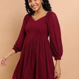 tokyo talkies Women Fit and Flare Maroon Above Knee/Mid Thigh Length Dress image 4