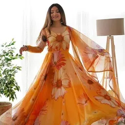 bittu fashion Floral Print Georgette Stitched Anarkali Gown-picture-18