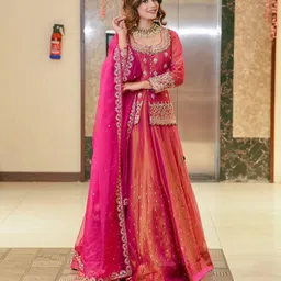 vrija online store Women Pure Silk Crop Top Skirt Attached Dupatta Set-picture-28