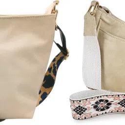 Beige, Beige Women Sling Bag with Detachable Dark Blue Belt for Girls & Women-image-1