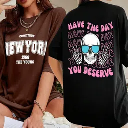 hell bound Pack of 2 Women Printed Round Neck Pure Cotton Multicolor T-Shirt-picture-12