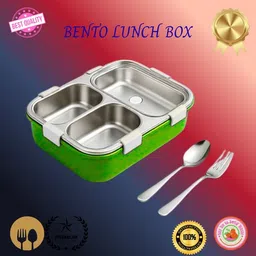 evara international Lunch Box 3 Compartment Leakproof Stainless Steel With SPOON & FORK_LG53 3 Containers Lunch Box-picture-25