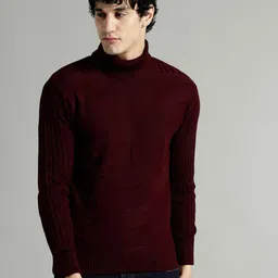 roadster Men Self Design Turtle Neck Maroon Sweater-picture-21