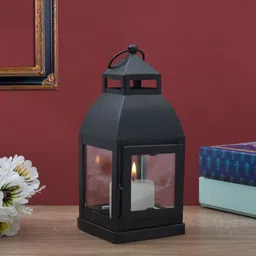 houzzplus Classic Style Hanging Lantern with One piller Candle , T-light Stand Small Black Iron Table Lantern-picture-10