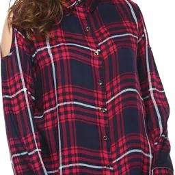 Women Regular Fit Checkered Slim Collar Casual Shirt-image-2