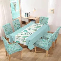 cortina Sky Blue Solids 7 Pcs PVC & Spandex Table Cover With 6 Chair Cover image 5
