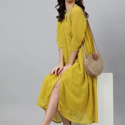 janasya Women A-line Gold Midi/Calf Length Dress image 3