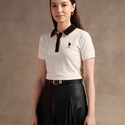 u.s. polo assn. Women Solid Polo Neck Cotton Blend White T-Shirt image 4