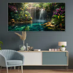 nestroots White Canvas Framed Woodland Waterfall Serenity Wall Painting(24X48 Inch)-picture-19
