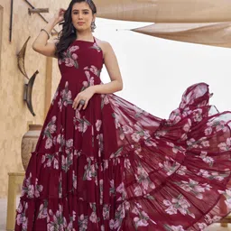 houseofcommon Floral Print Georgette Stitched Flared/A-line Gown-picture-25