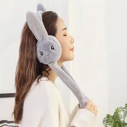 ablue clipper Grey Knit Winter Fluffy Earmuff | 3D Ears Fur Plush Ear Warmer (Ear Moving) Ear Muff image 3