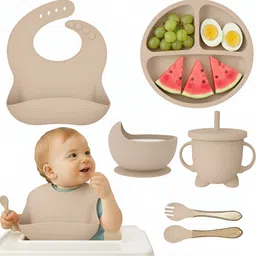 samvat 6 pcs Silicone Baby Feeding Set– Suction Bowl & Plate,Bib,Spoon, Fork, Sippy Cup - BPA Free -Silicone-picture-26