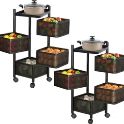 homestic Pack of 2 Revolving 4-Layer Multipurpose Storage Rack with Wheels | Black Iron Kitchen Trolley image 1