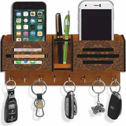 cw crafts world Printed Wooden 2 Pocket 3 lines Mobile and Pen holder 8 Hooks Wood Key Holder-picture-23