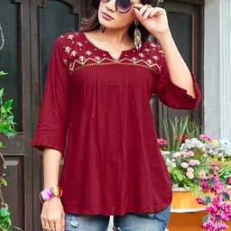 Party Regular Sleeves Embroidered Women Red Top-image-50