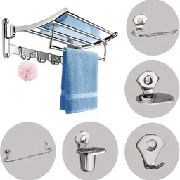 garbnoire Stainless Steel Folding Towel Rack/ Towel Stand / Towel Hanger (24 inch) with Bathroom Accessories Set Combo Silver Towel Holder-picture-10