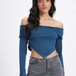 glitchez Casual Regular Sleeves Solid Women Blue Top image 2