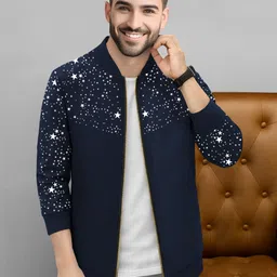tripr Men Printed Mandarin Neck Blue Sweater image 3