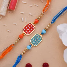 Thread Set of 2 Red & Blue Enameled Rakhi Mauli Thread Chawal Roli Pack Set-image-52