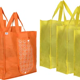 heart home Foldable Reusable Smiley Printed Shopping Bag with One Small Pocket (Set Of 6,Orange & Yellow) Pack of 6 Grocery Bags-picture-19