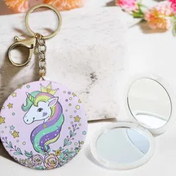 amycaur Metal Folding Pocket Mirror Keychain, Unicorn Print Round Shape Random Color-picture-31