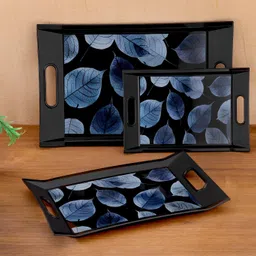 finner Black Serving Tray Set of 3 | Blue Leaf Design | Multipurpose Trays with Handles Tray image 3