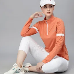 jump usa Women Solid High Neck Polyester Orange T-Shirt image 5