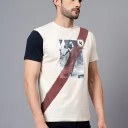 cantabil Men Printed Round Neck Polycotton Beige T-Shirt image 3