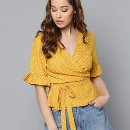 Casual Bell Sleeves Polka Print Women Yellow Top-image-9